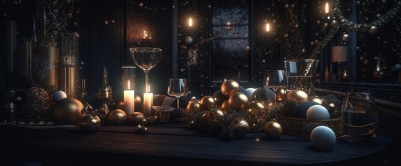 Fototapeta na wymiar Christmas table with candles and golden christmas decorations. 3d rendering