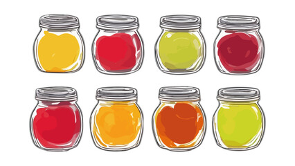 Set. Fruit and berry jam, confiture, marmalade. Vector isolated. Canned fruit juice, compote. 8 colorful jars of fruit jam. Yellow, red, orange, green. Home canning. Vitamins. Vegan dessert