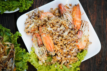 asian seafood on wooden table