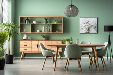 Mint color chairs at round wooden dining table in room with sofa and cabinet near green wall made with AI