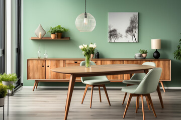 Mint color chairs at round wooden dining table in room with sofa and cabinet near green wall made with AI