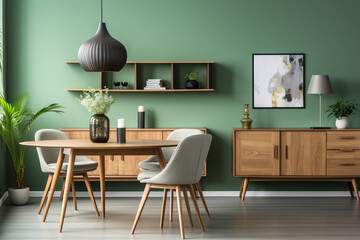 Mint color chairs at round wooden dining table in room with sofa and cabinet near green wall made with AI