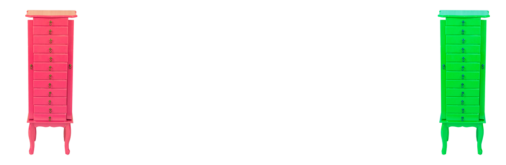 Porta Joias de cores verde e cor de rosa com doze gavetas e puladores de metal. São Paulo, Brasil. Formato de arquivo png fundo transparente.	