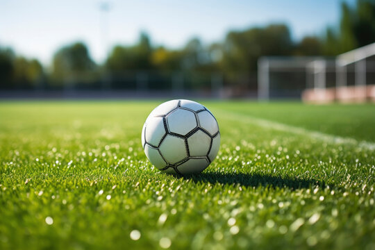 Soccer ball on the white line on the grass, which marks the area of the soccer field.