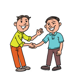 Cartoon a boy shakes hands with a friend.