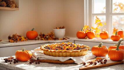Traditional American pumpkin pie in the kitchen