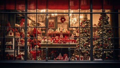 Photo of a festive store front window with beautifully decorated Christmas trees and presents