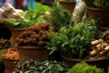 Various spices, peppers and herbs close-up top view. A set of peppers and spices for cooking. AI Generative