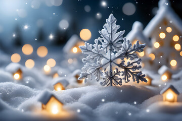 Weihnachten Winterlandschaft in der Nacht mit Schneefall und Lichtern - obrazy, fototapety, plakaty