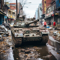 Fototapeta premium Battle-Ready Tank in Urban Warfare high quality 3D illustration