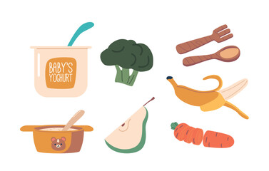 Nutrient-packed Baby Foods. Yoghurt, Broccoli, Carrot or Banana, Pear and Porridge, Perfectly Pureed Vector Illustration