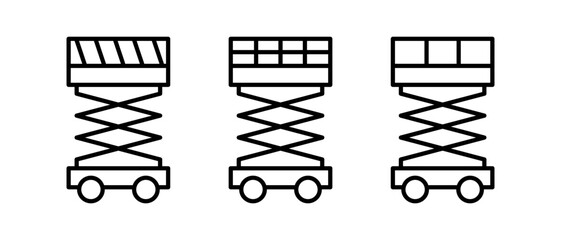 Scissor lift vector icon set. Outline equipments, cranes, winches symbol