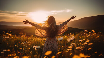 Happy woman standing with her back on sunset in nature with open hands, a joyful and free-spirited moment of connection with nature. AI Generated.