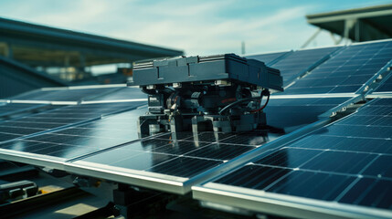 A Black Device on a Solar Panel Installation A Concept for a Modern and Ecofriendly Solution - obrazy, fototapety, plakaty