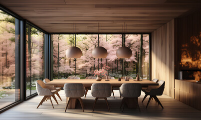 Dining room with abstract wood lining high ceilings lined with wood and paneling walls. Minimalist scandinavian interior design of modern dining room. - obrazy, fototapety, plakaty