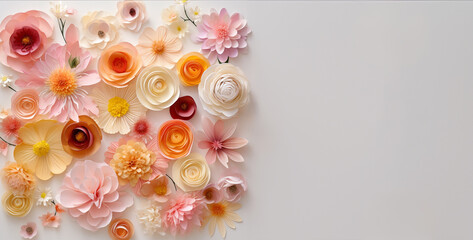 Pink yellow paper flowers background, spring summer background