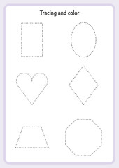 Basic Tracing and coloring for kids. Preschool tracing and coloring worksheet for handwriting motor skills. Dashed shapes to trace. Hand-eye Coordination motor skills for children.