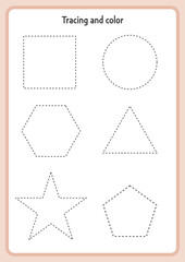 Basic Tracing and coloring for kids. Preschool tracing and coloring worksheet for handwriting motor skills. Dashed shapes to trace. Hand-eye Coordination motor skills for children.