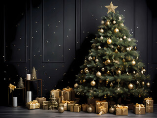 Christmas tree with gold ornaments and gift boxes with black background on a marble floor minimally furnished. Copy space