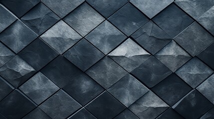3D-rendered minimalist diamond black stone wall texture, ideal for presentation backgrounds. It showcases a robust, dark gray stone texture with copy space