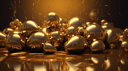 złote balony błyszczące karnawał sylwester serpentyny na złotym metalicznym tle - gold glitter balloons carnival new year's eve serpentine on golden metallic background - AI Generated - obrazy, fototapety, plakaty