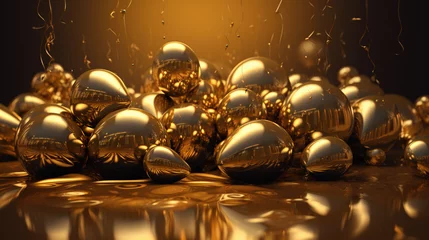 Foto op Plexiglas złote balony błyszczące karnawał sylwester serpentyny na złotym metalicznym tle - gold glitter balloons carnival new year's eve serpentine on golden metallic background - AI Generated © Tomasz