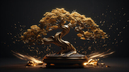 tradycyjne japońskie miniaturowe złote drzewko szczęścia bonsai na czarnym tle - traditional japanese miniature golden lucky tree bonsai on black background - AI Generated - obrazy, fototapety, plakaty