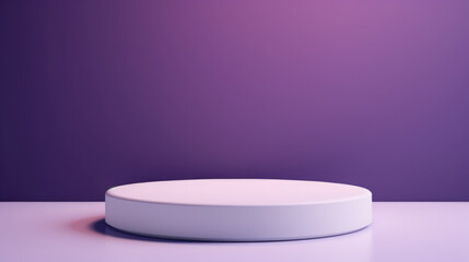 White podium on purple backdrop; abstract geometric design. Ideal for studio product display with cinematic lighting, creating a dreamy atmosphere.