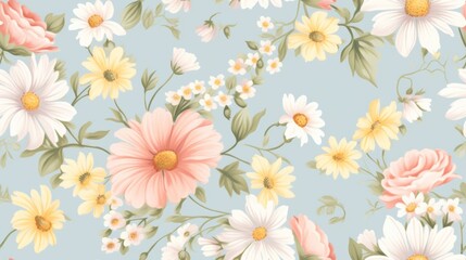 Vintage floral seamless pattern featuring delicate roses and daisies in soft pastel colors