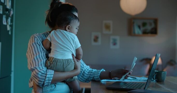 Remote work, night and laptop for mother and baby multitasking, finance and payment in home office. Freelance, mom and newborn online for financial, invoice or tax compliance while working late