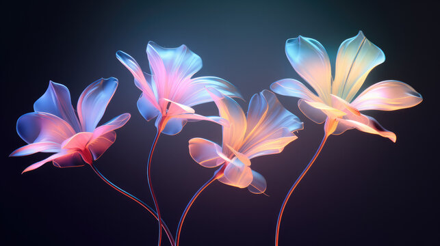 Gradient holographic flowers on a transparent backdrop; minimalist style rendered in vibrant colors.