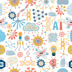 Technology seamless pattern with Hand Drawn Neural Networks - 648957856