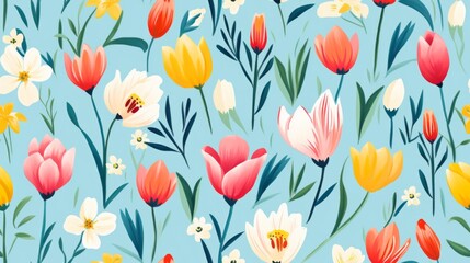 Vintage floral seamless pattern reminiscent of the 1950s with a mix of cheerful tulips and daisies in vibrant, candy-colored hues