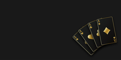 A hand fan of playing cards consisting of four black and golden Ace of Spades, Diamonds, Clubs, Hearts. Vector illustration poker and casino of all the aces on black table background.