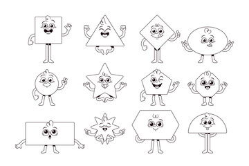 Geometric Figures Characters, Isolated Linear Basic Shapes. Square, Circle, Triangle, And Rectangle, Vector Illustration