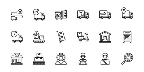  Set of Delivery Related Vector Icons. Contains such Icons as Courier on the bike,  Contactless Delivery and more. Editable Vector