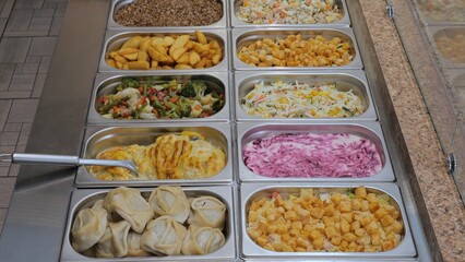Patches with food on the bistro counter, meat and garnish in patches. Food in metal trays in a bistro showcase. charity kitchen for the poor, buffet.