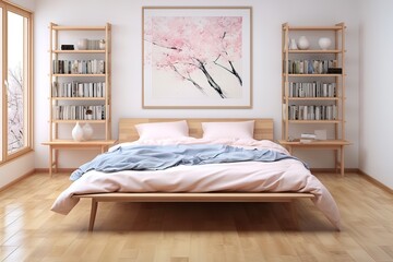 A lovely room with a large, low bed in cherry pastel colours.