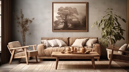 A living room with a sofa and two armchairs decorated in a rustic and simple way
