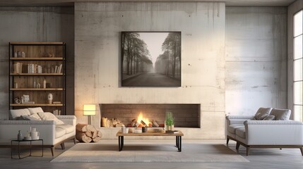 A living room with a huge sofa and a fireplace decorated in a rustic and simple way