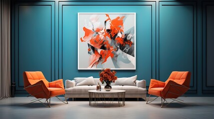 A modern living room with lots of color and life. A sofa and two armchairs. With a beautiful abstract painting.