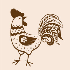 Vector hand drawn logo rooster in retro style. Ornate doodle of domestic birds