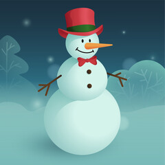 Snowman with red hat and bowtie. For Greeting cards, sale decorating and Christmas events. Vector illustration