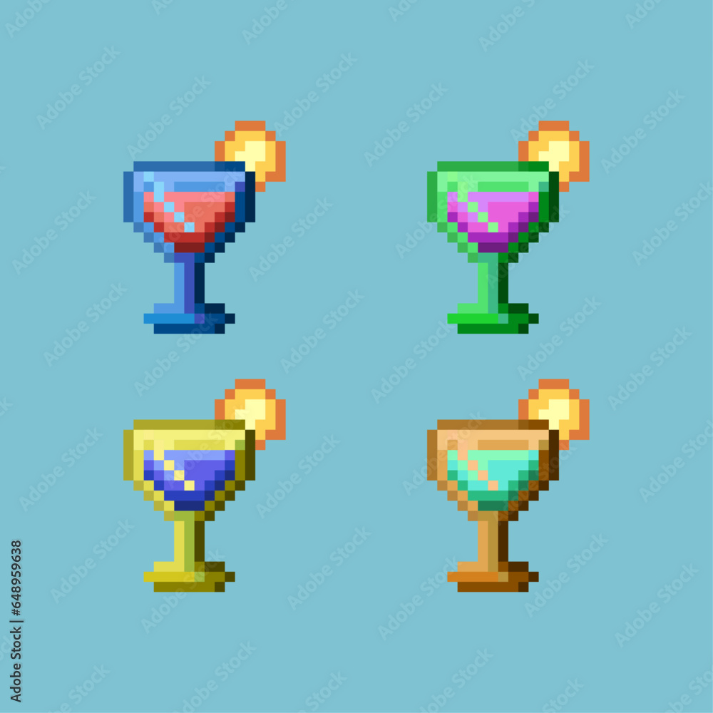 Poster pixel art sets of ice juice with variation color items asset. simple bits of beach drink juice on pi