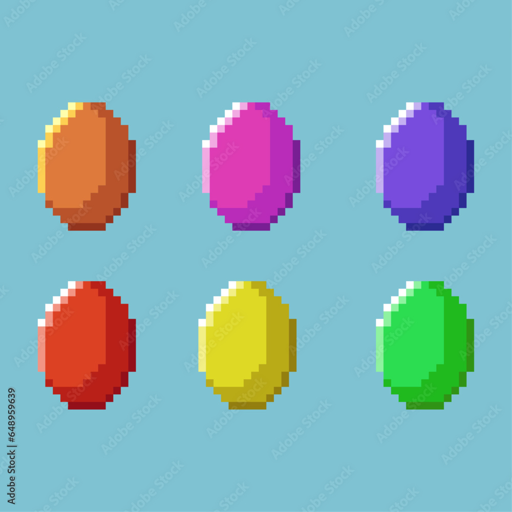 Poster pixel art sets of eggs with variation color items asset. simple bits of eggs on pixelated style.8bit