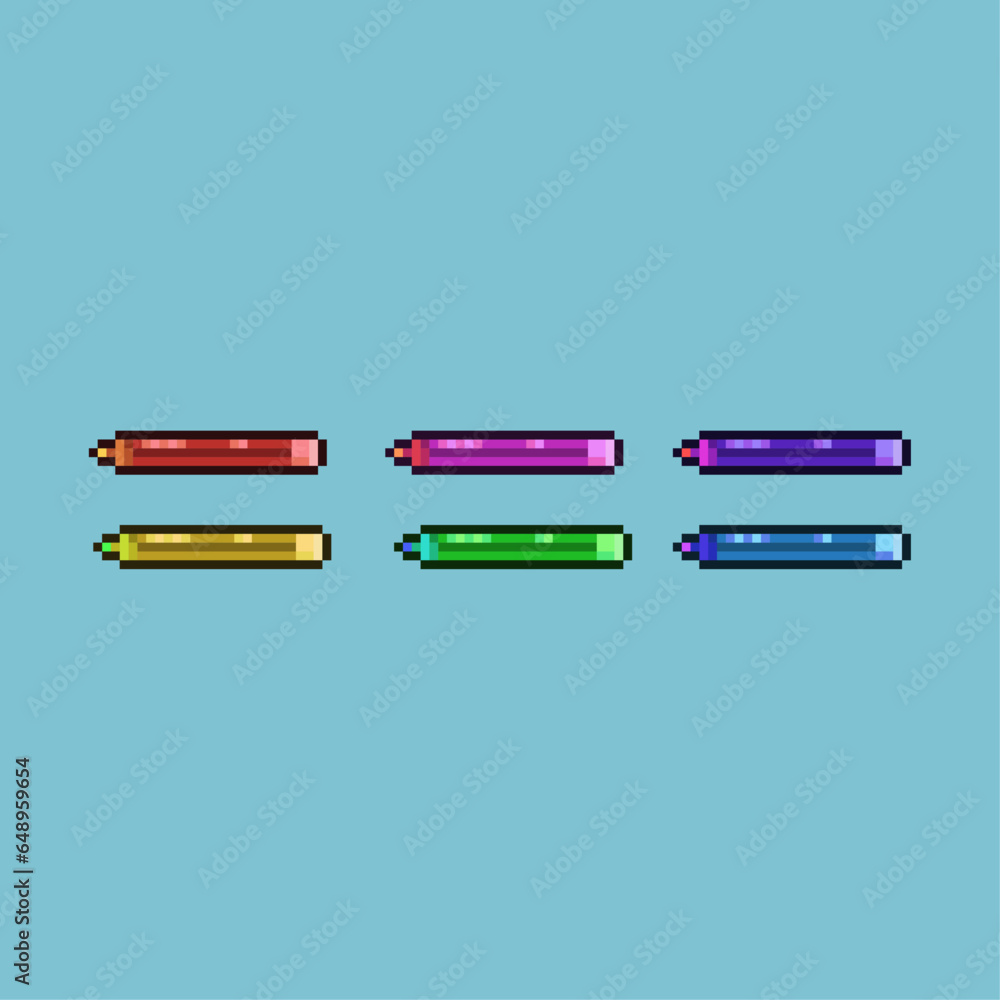 Poster pixel art sets of pencil study school work with variation color items asset. simple bits of pencil o
