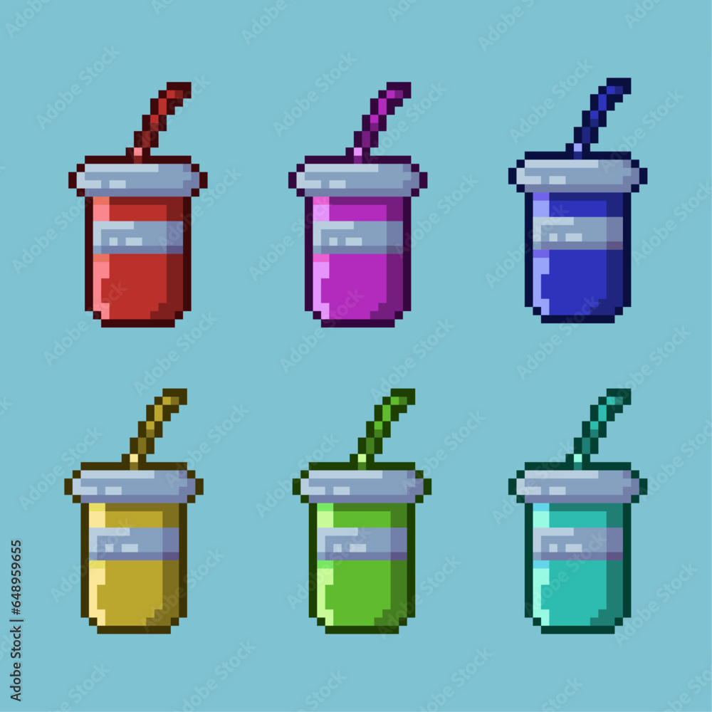 Poster pixel art sets of cup drink with variation color items asset. simple bits of cup on pixelated style.