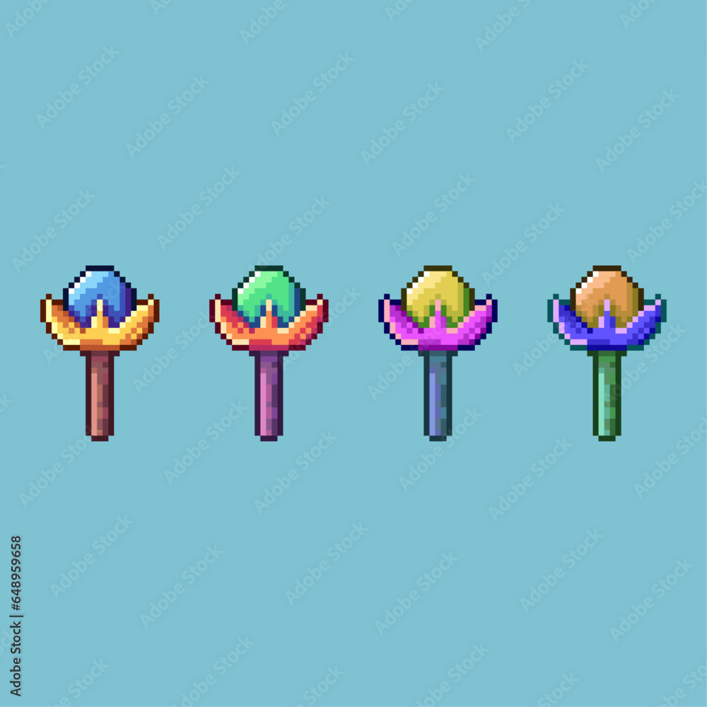 Poster pixel art sets of mend healing rpg with variation color items asset. simple bits of mend staff on pi