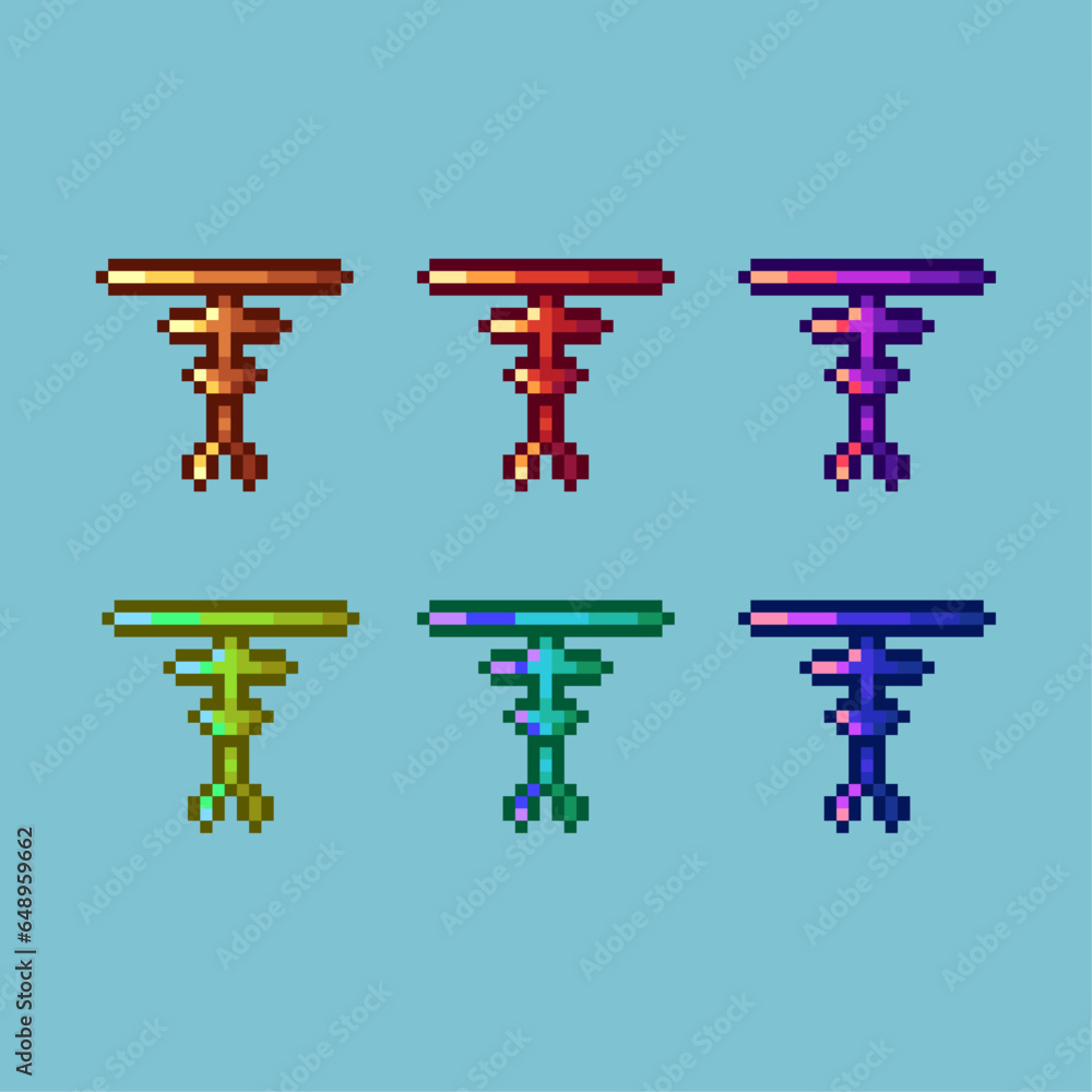 Poster pixel art sets of table with variation color items asset. simple bits of table on pixelated style.8b