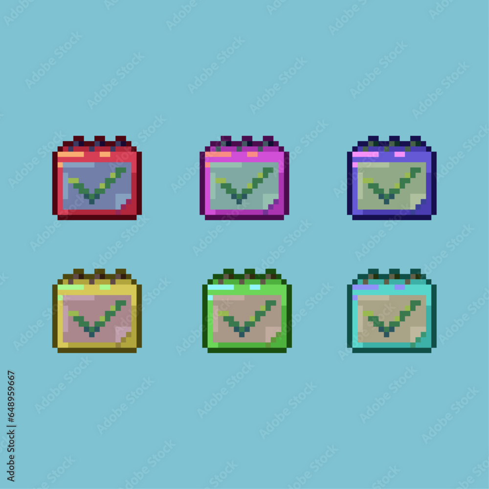 Poster pixel art sets of calendar approve with variation color items asset. simple bits of calendar on pixe